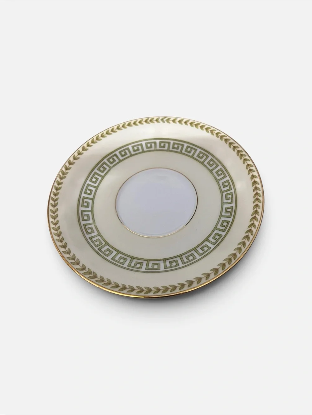 Noritake White Plate with Gold Trim and Olive Green Greek Key